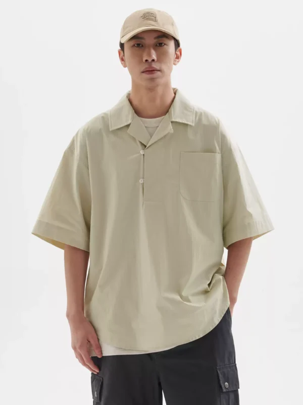 BUTTBILL 复古半开领衬衫短袖男情侣外套宽松套头廓形夏季衬衣服