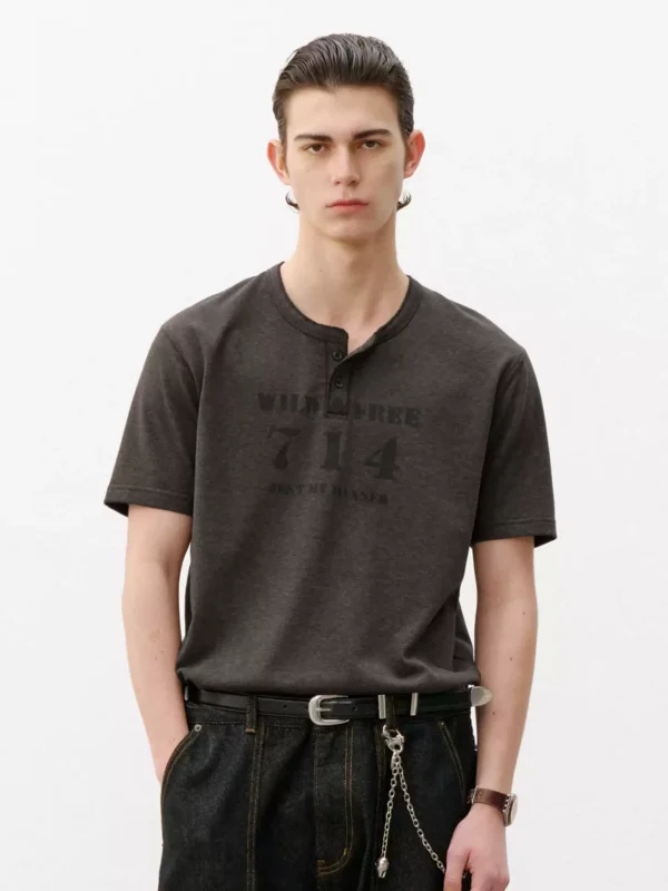 714street美式复古半开领花纱T恤男2026夏季重磅休闲文字印花短袖