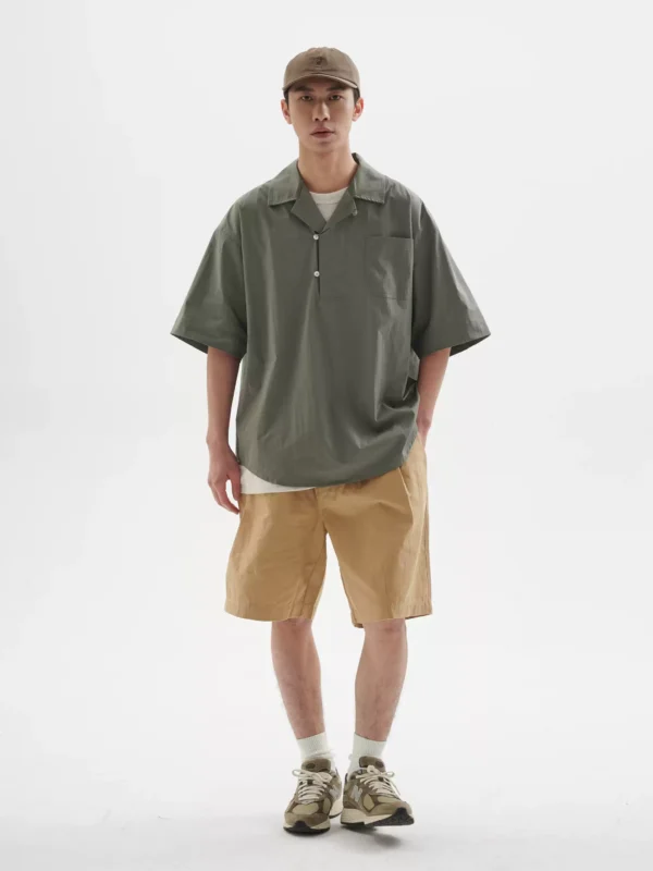 BUTTBILL 复古半开领衬衫短袖男情侣外套宽松套头廓形夏季衬衣服