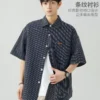 【我的速度】翻领条纹衬衫男士夏季短袖日系撞色潮牌复古衬衣外套