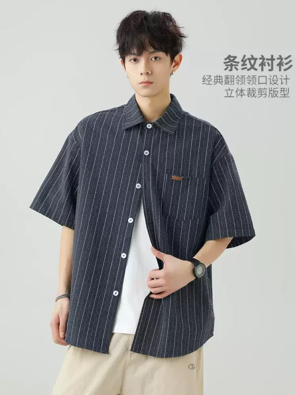 【我的速度】翻领条纹衬衫男士夏季短袖日系撞色潮牌复古衬衣外套