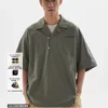 BUTTBILL 复古半开领衬衫短袖男情侣外套宽松套头廓形夏季衬衣服