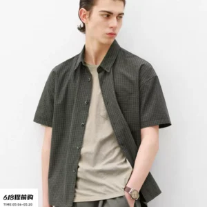 714street夏季复古高密砂洗纯棉短袖格子衬衫男高级感痞帅情侣装