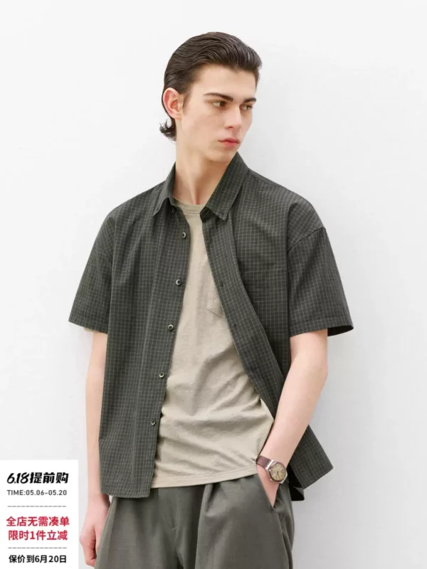 714street夏季复古高密砂洗纯棉短袖格子衬衫男高级感痞帅情侣装