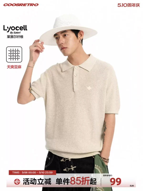 O1CN01p1QDxT1hducKj4Ct3_2211768274301.jpg_q50.jpg_.webp CoosRetro老钱风亚麻短袖T恤男生夏季情侣莱赛尔针织衫polo领上衣