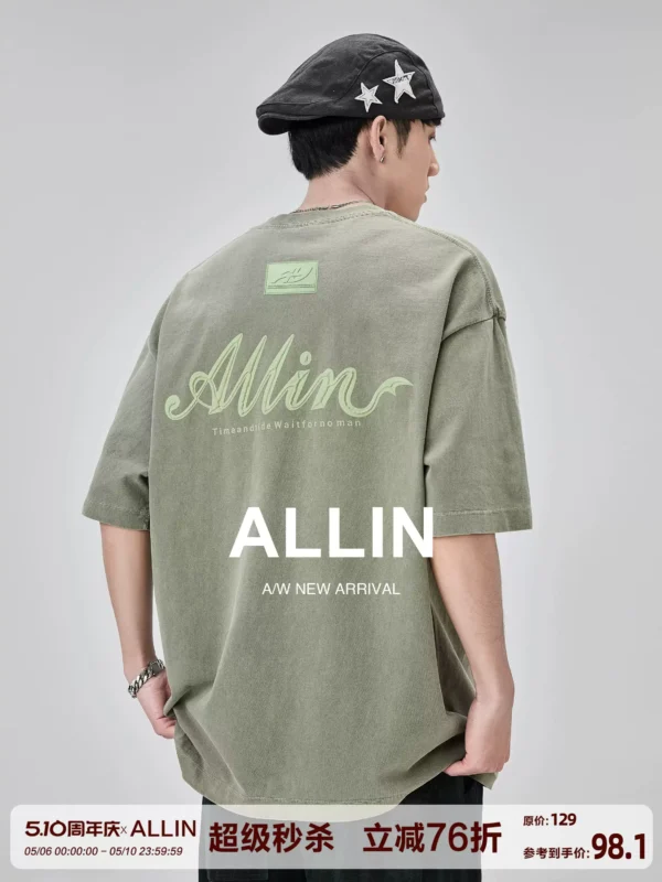 ALLIN 重磅圆领短袖t恤男夏季字母立体印花纯棉情侣水洗半袖上衣