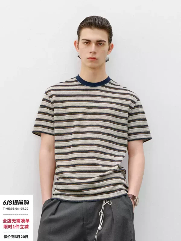 714street复古老钱风花纱条纹短袖T恤男2026夏季宽松半袖情侣体恤