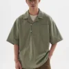 BUTTBILL 复古半开领衬衫短袖男情侣外套宽松套头廓形夏季衬衣服